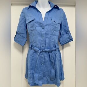 100% Linen Periwinkle Blue Button-Front Utility Blouse with Waist Tie by Camaïeu